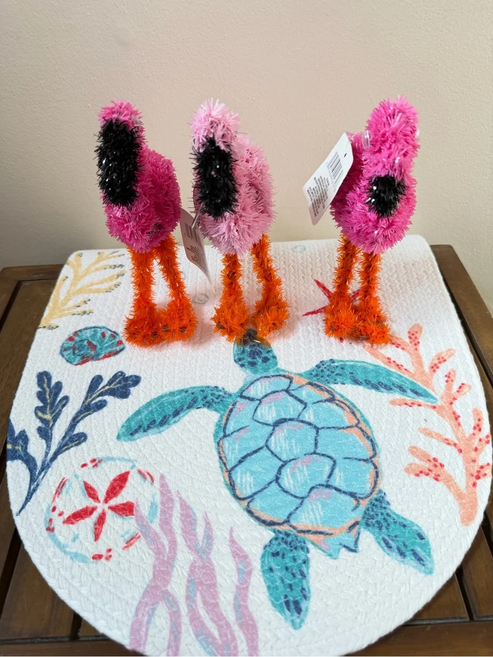 Pink 3D Flamingo Trio - Tinsel Fuzzy Decor Pink, Orange & Black